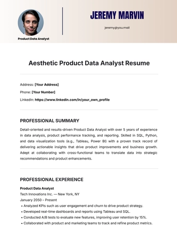 Free Aesthetic Product Data Analyst Resume Template to Edit Online