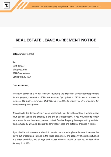 Free Real Estate Lease Agreement Notice Template to Edit Online