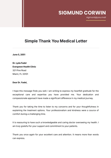 Free Simple Thank You Medical Letter to Doctor Template to Edit Online