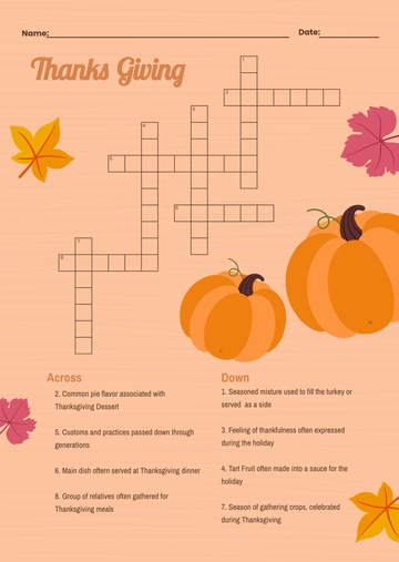 Free Thanksgiving Mini Crossword Puzzle Template to Edit Online