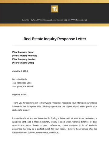 Free Real Estate Inquiry Response Letter Template to Edit Online