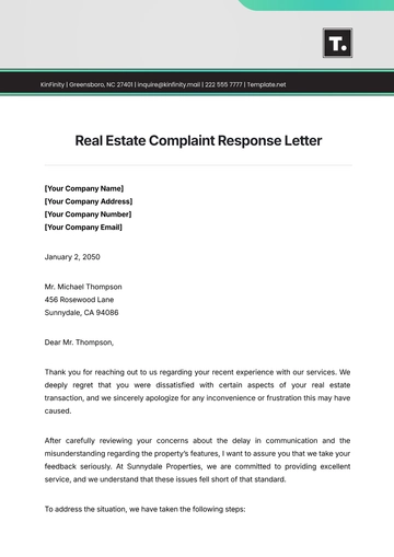 Free Real Estate Complaint Response Letter Template to Edit Online