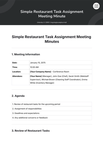 Free Simple Restaurant Task Assignment Meeting Minute Template to Edit Online