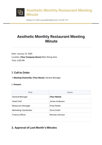 Free Aesthetic Monthly Restaurant Meeting Minute Template to Edit Online