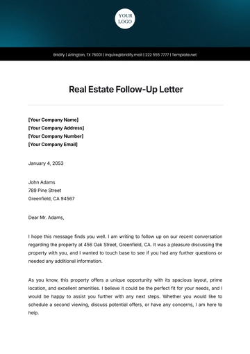Free Real Estate Follow-Up Letter Template to Edit Online