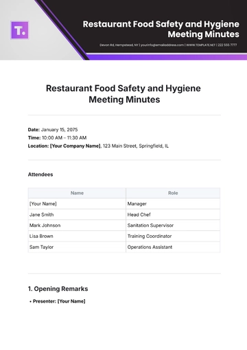 Free Restaurant Food Safety and Hygiene Meeting Minute Template to Edit Online