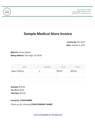 Free Sample Medical Store Invoice Template to Edit Online