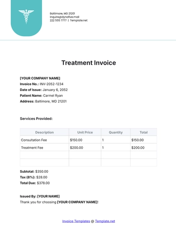 Free Treatment Invoice Template to Edit Online