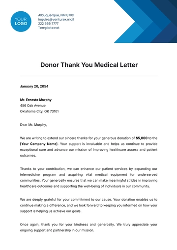 Free Donor Thank You Medical Letter Template to Edit Online