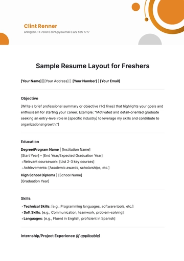 Free Sample Resume Layout Template for Freshers to Edit Online