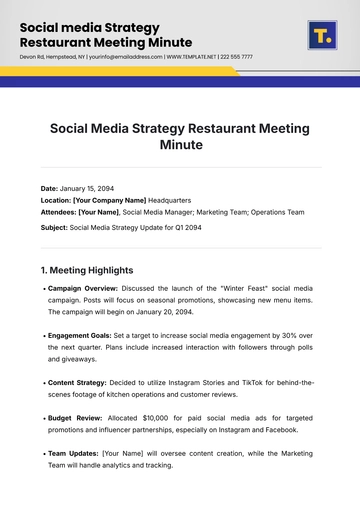 Free Social Media Strategy Restaurant Meeting Minute Template to Edit Online