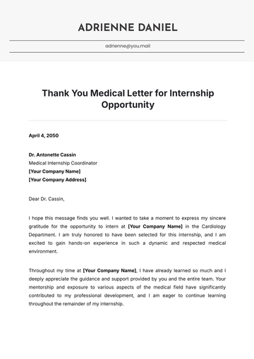 Free Thank You Medical Letter for Internship Opportunity Template to Edit Online