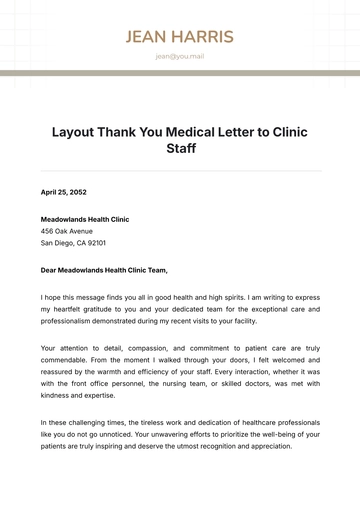 Free Layout Thank You Medical Letter to Clinic Staff Template to Edit Online
