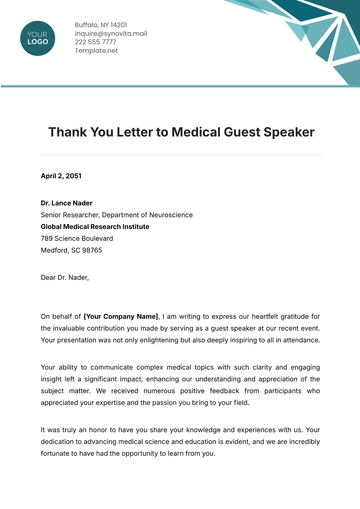 Free Thank You Letter to Medical Guest Speaker Template to Edit Online