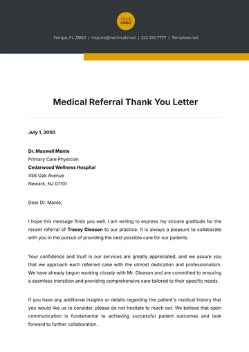 Free Medical Referral Thank You Letter Template to Edit Online