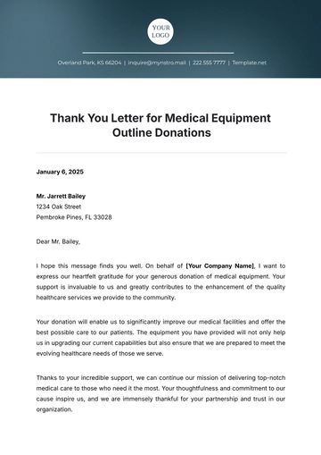 Free Thank You Letter for Medical Equipment Outline Donations Template to Edit Online