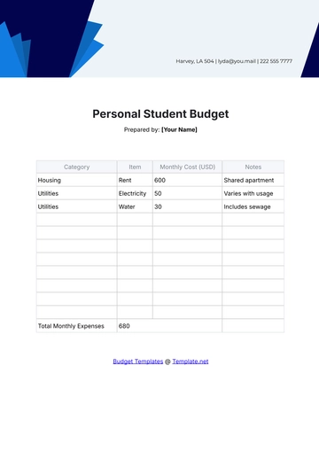 Free Personal Student Budget Template to Edit Online