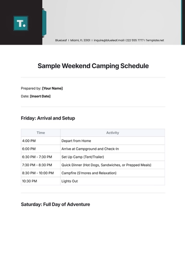 Free Sample Weekend Camping Schedule Template to Edit Online