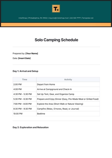 Free Solo Camping Schedule Template to Edit Online