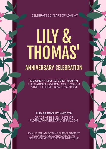 Free Pink Floral Anniversary Invitation Template to Edit Online