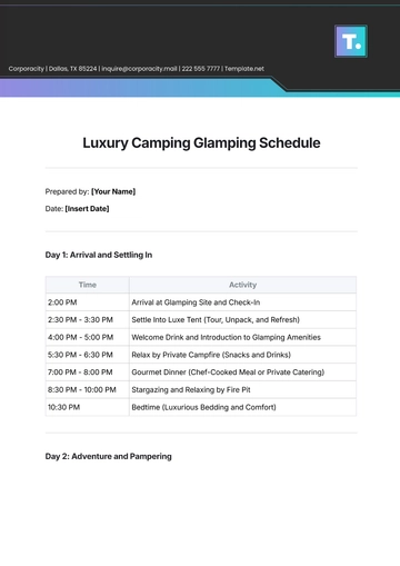 Free Luxury Camping Glamping Schedule Template to Edit Online