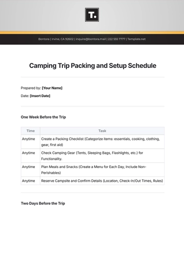 Free Camping Trip Packing and Setup Schedule Template to Edit Online
