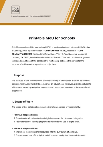Free Printable MoU Template for Schools to Edit Online