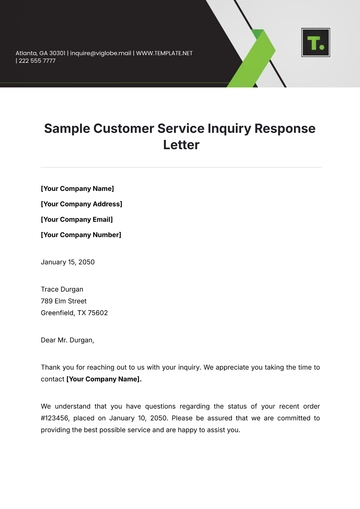 Free Sample Customer Service Inquiry Response Letter Template to Edit Online