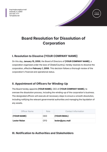Free Board Resolution for Dissolution of Corporation Template to Edit Online