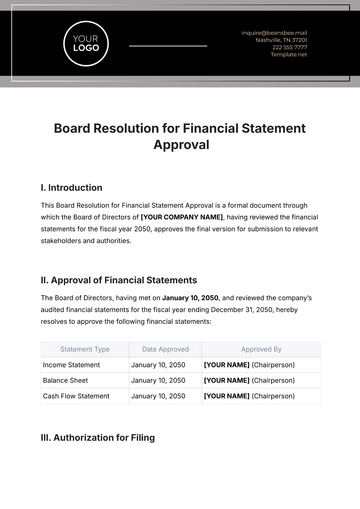 Free Board Resolution for Financial Statement Approval Template to Edit Online