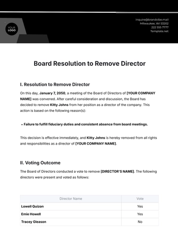 Free Board Resolution to Remove Director Template to Edit Online