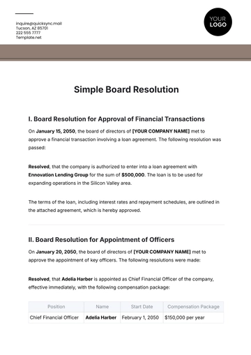 Free Simple Board Resolution Template to Edit Online