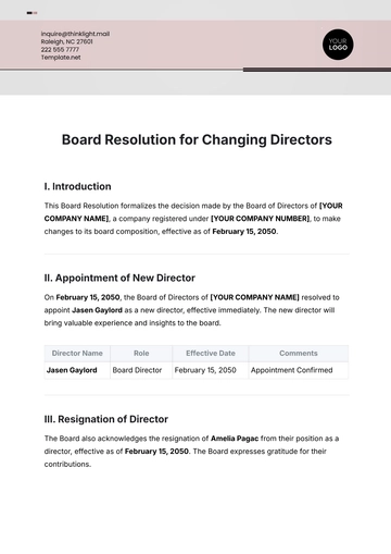 Free Board Resolution for Changing Directors Template to Edit Online