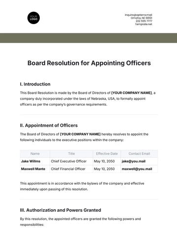 Free Board Resolution for Appointing Officers Template to Edit Online