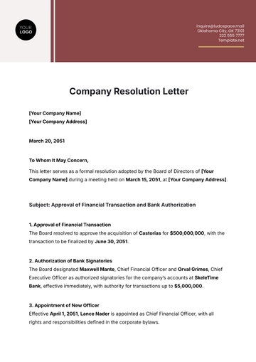 Free Company Resolution Letter Template to Edit Online
