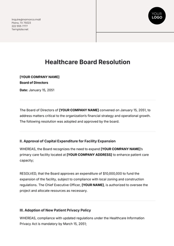 Free Healthcare Board Resolution Template to Edit Online