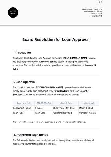 Free Board Resolution for Loan Approval Template to Edit Online