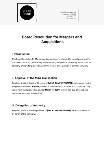 Free Board Resolution for Mergers and Acquisitions Template to Edit Online