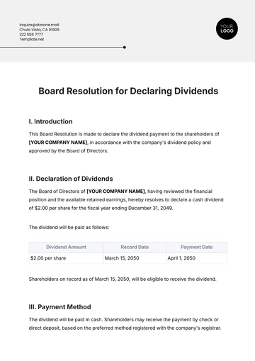 Free Board Resolution for Declaring Dividends Template to Edit Online