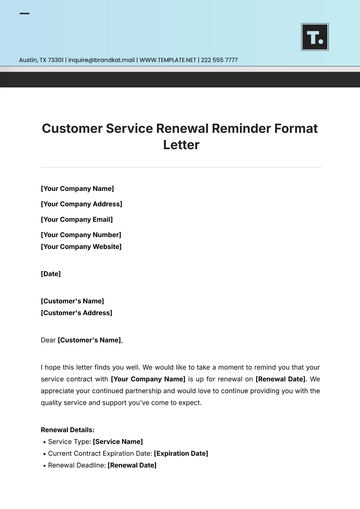 Free Customer Service Renewal Reminder Format Letter Template to Edit Online