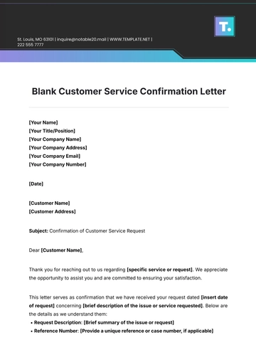 Free Blank Customer Service Confirmation Letter Template to Edit Online