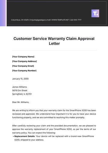 Free Customer Service Warranty Claim Approval Letter Template to Edit Online