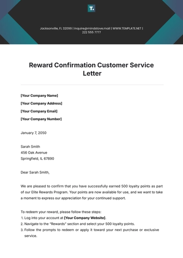 Free Reward Confirmation Customer Service Letter Template to Edit Online