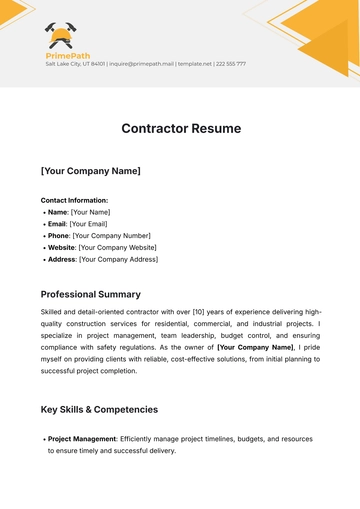 Free Contractor Resume Template to Edit Online