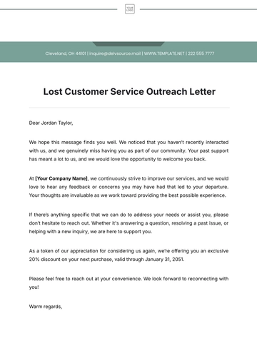 Free Lost Customer Service Outreach Letter Template to Edit Online