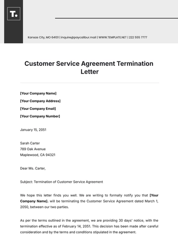 Free Customer Service Agreement Termination Letter Template to Edit Online