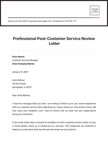 Free Professional Post-Customer Service Review Letter Template to Edit Online