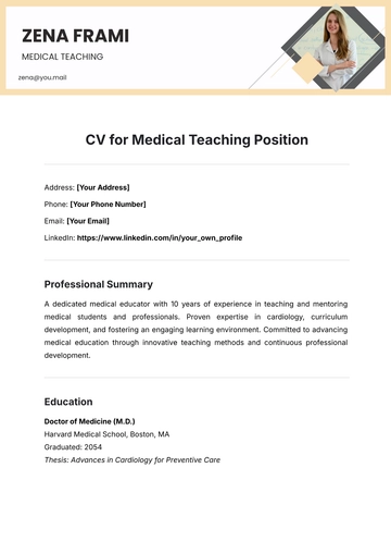 Free CV for Medical Teaching Position Template to Edit Online