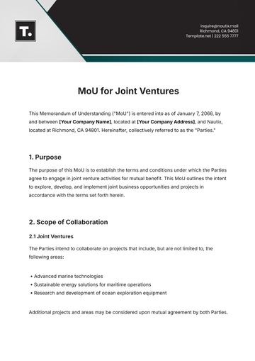 Free MoU Template for Joint Ventures to Edit Online