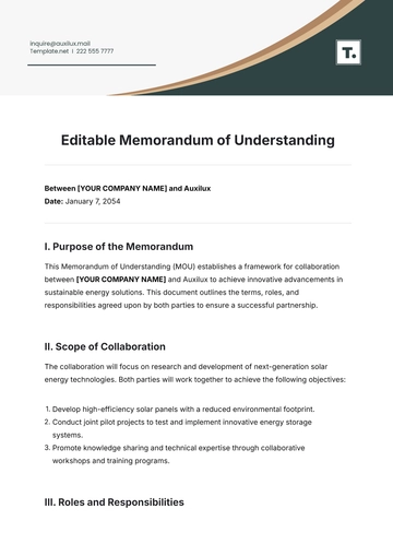 Free Editable Memorandum of Understanding Template to Edit Online